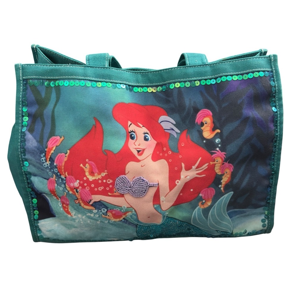 Vintage Disney The Little Mermaid Ariel Canvas Tote Bag Bookbag Sequins Beaded - Picture 6 of 13